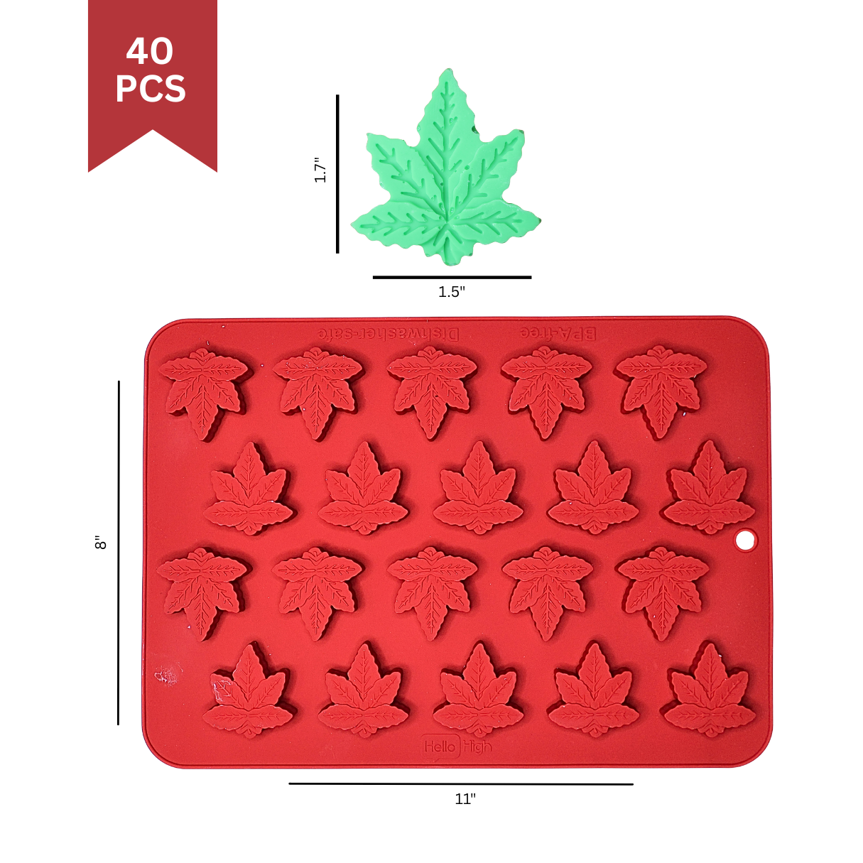 A red silicone mold tray with 20 leaf-shaped cavities, shown on a white background with dimension lines and text indicating 40 pieces and leaf size measurements. A small green leaf sample is shown above the mold.
