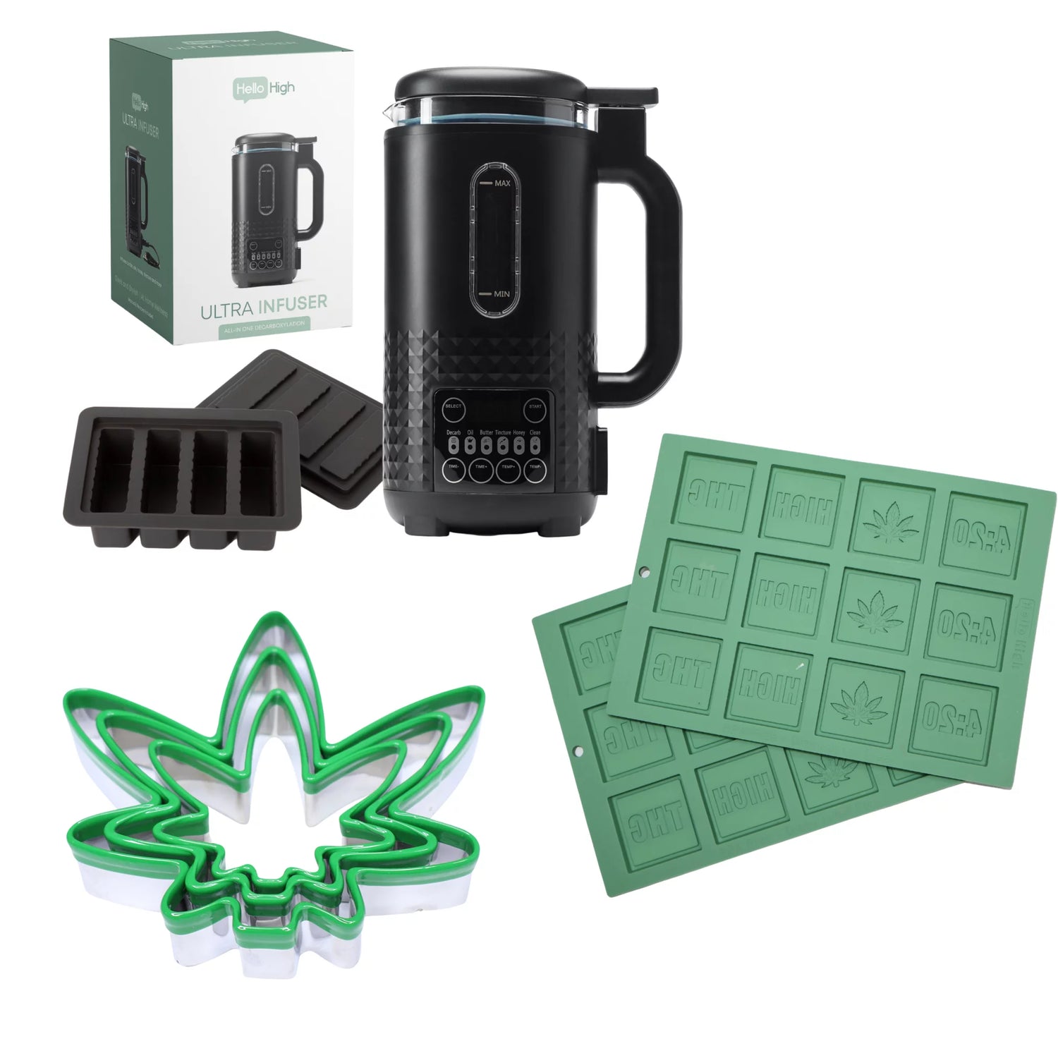 Hello High Ultra Infuser bundle with butter mold, cookie cutter, and candy molds displayed together