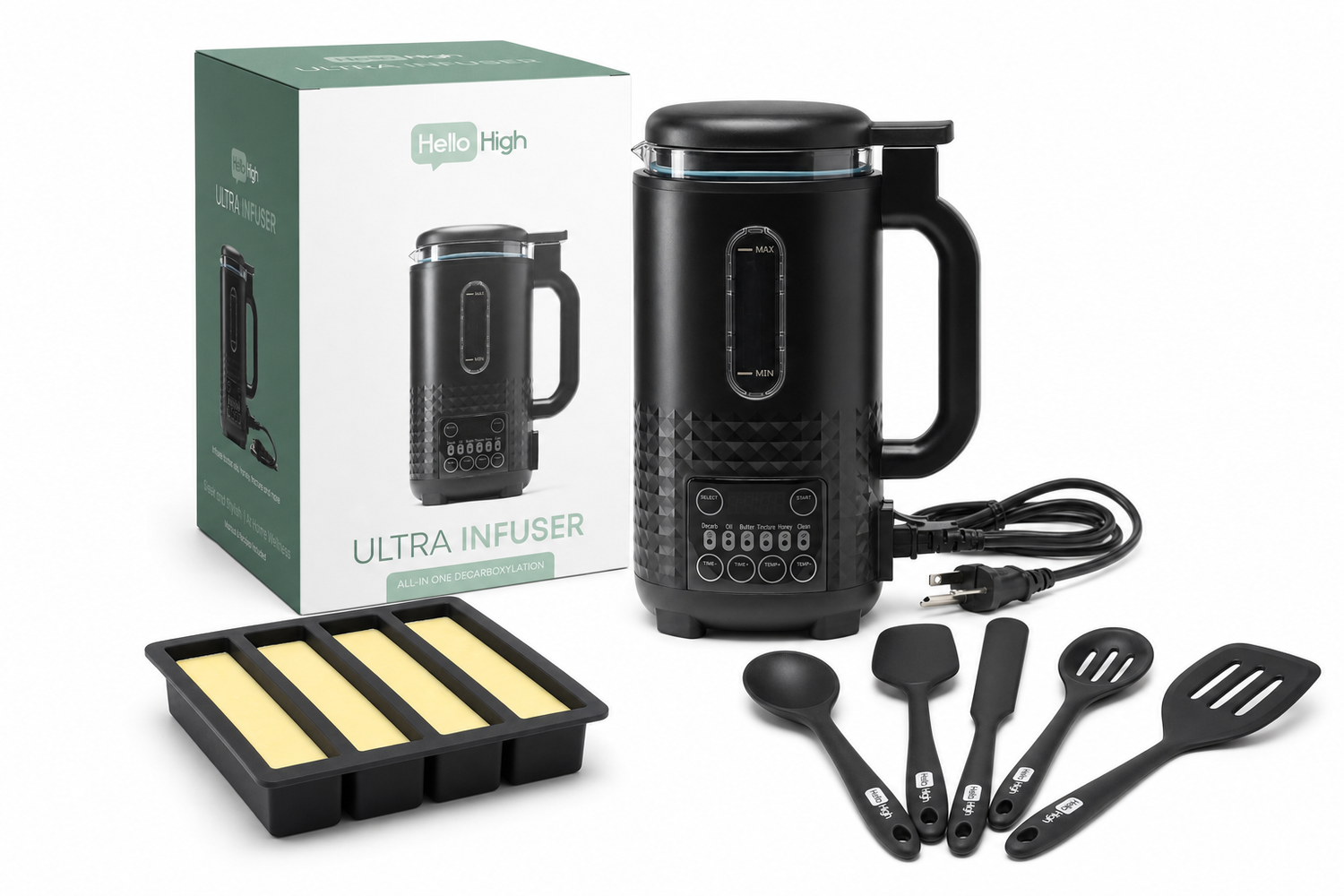 2026 best herbal decarboxylator butter Infuser set in black, featuring the main electric infuser machine, its green and white retail box, a silicone mold tray, and four silicone kitchen utensils on a white background.