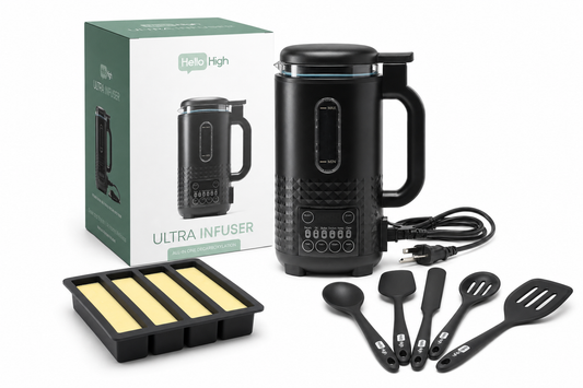 2026 best herbal decarboxylator butter Infuser set in black, featuring the main electric infuser machine, its green and white retail box, a silicone mold tray, and four silicone kitchen utensils on a white background.